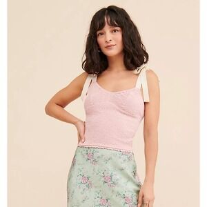 Free People Pink Smocked Crop Top Cotton Bows Boho Coquette Girl M Vaca Summer